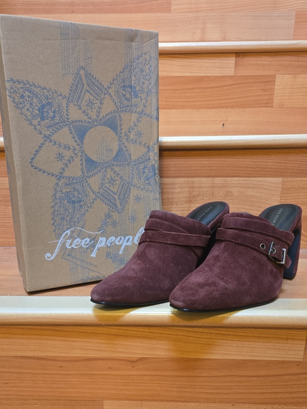 Free People Wine Suede Buckle Mule Heels